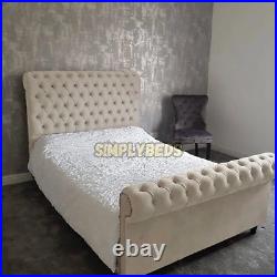 New Stylish Plush Velvet Sleigh Chesterfield Upholstered Designer Bed KingDouble