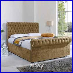New Stylish Sleigh Chesterfield Upholstered Designer Plush Velvet Bed KingDouble