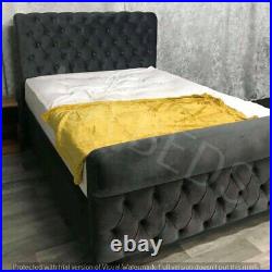New Stylish Sleigh Scroll Chesterfield Upholstered Designer Plush Velvet Bed