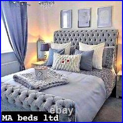 New Stylish Sleigh Scroll Chesterfield Upholstered Designer Velvet Bed