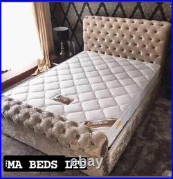 New Stylish Sleigh Scroll Chesterfield Upholstered Designer Velvet Bed