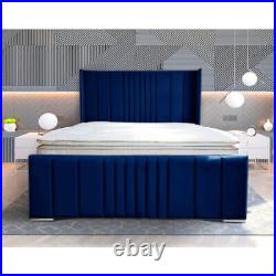 New Upholstered Plush Velvet Panel Designer Bed Frame with Winged Headboard F&F