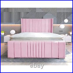 New Upholstered Plush Velvet Panel Designer Bed Frame with Winged Headboard F&F