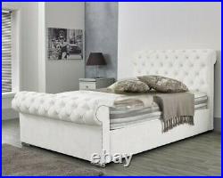 New white Sleigh Chesterfield Upholstered Designer in plush Velvet Bed