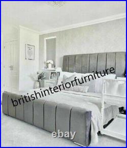 Panel Lines Plush & Crushed Velvet Upholstered Bed Frame single, Double, King Size