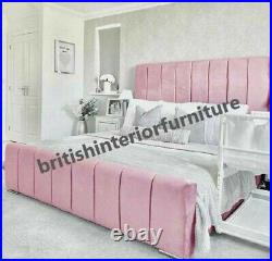 Panel Lines Plush & Crushed Velvet Upholstered Bed Frame single, Double, King Size