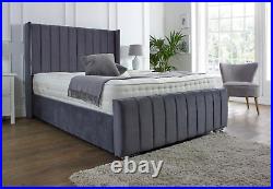 Panel Lines Wing Plush Velvet Sleigh Bed Frame Ottoman Gas Lift Storage Options