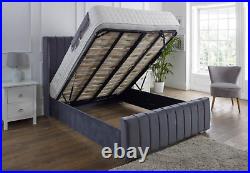 Panel Lines Wing Plush Velvet Sleigh Bed Frame Ottoman Gas Lift Storage Options