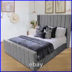 Panel wing Grey Plush Velvet Upholstered Bed Frame Double 4ft6 Size NEW