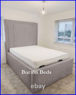 Plush Velvet Burton Bordered Panel Bed With/Without Ottoman Gas Lift Storage