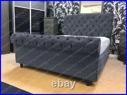 Plush Velvet Chesterfield Upholstered Sleigh Bed Frame Ottoman Storage &Mattress