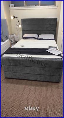 Plush Velvet Horizontal Panel Bed With Storage, Ottoman Gas Lift Storage Bed