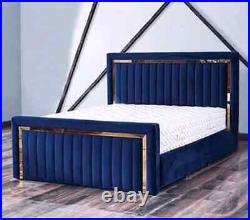 Plush Velvet Panel Gold Strip Bed with Mattress Double king size