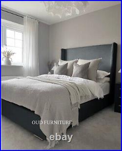 Plush Velvet Plain Style Bed, Upholstered Bed Frame, Wings Bed, Wing Back Bed