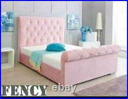 Plush Velvet Sleigh bed Scroll bed frame Upholstered 4FT 4FT6 5FT fabric