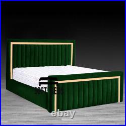 Plush Velvet Upholstered Bed, Gold Strip Bed, Panel Bed Frame 4ft6 5ft 6ft