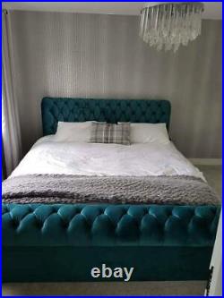 Plush Velvet Upholstered Chesterfield Sleigh Scroll BedFrame in all Sizes&Colors