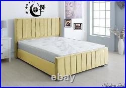 Plush Velvet Upholstered Design Winged Panel Luxury Sleigh Bed Frame Soft Line