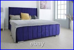 Plush Velvet Upholstered Design Winged Panel Luxury Sleigh Bed Frame Soft Line