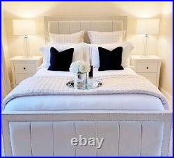 Plush Velvet Upholstered Panel Bed With Chrome Beading