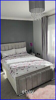 Plush Velvet Upholstered Panel Bed With Chrome Beading