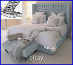 Plush Velvet Wing Back Bed Frame, Upholstered Bed, Gas Lift Storage Bed Frame