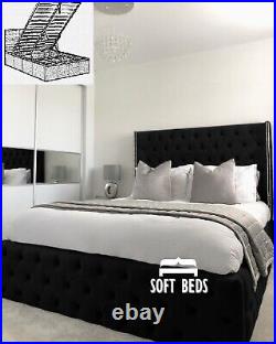 Plush Velvet Wing Back Storage Bed, Upholstered Bed, Ottoman Gas Lift Bed