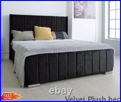 Plush Velvet Wingback Bed Frame Upholstered Sleigh Diamante Double 4TF6 Black UK