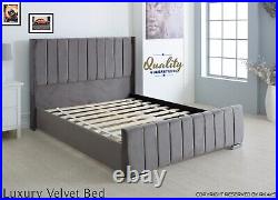 Plush Velvet Wingback Bed Panel frame Handmade Design Upholstered Luxury Grey UK