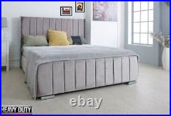 Plush Velvet Wingback Bed Panel frame Sleigh Design Upholstered Luxury Grey UK