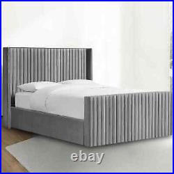 Plush Velvet Wingback Upholstered Vertical Lines Style Winged Bed Frame Kingsize