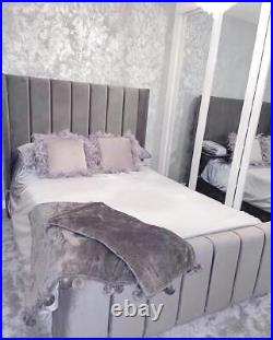 SALE Grey Plush Velvet Wing Wingback Line Design Panel Bed Fame and Mattress