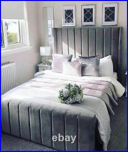 SALE Grey Plush Velvet Wing Wingback Line Design Panel Bed Fame and Mattress