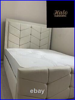 SALE New Cream Plush Velvet Upholstered designer Modern Bed Frame + Mattress