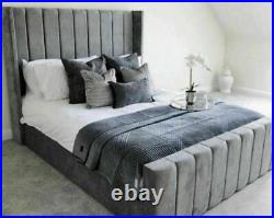 STRIPE WINGED PANEL LUXURY UPHOLSTERED BED FRAME 3ft/4'6ft/5ft/6ft