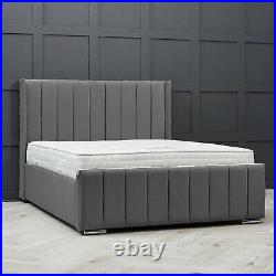 Seline Wing Bed Frames Plush Velvet Fabric Grey Colour Panel Bed Double & King