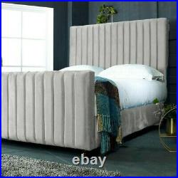 Silver Panel Upholstered Plush Velvet Fabric Chesterfield Bed Frame Double King
