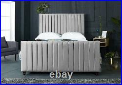 Silver Panel Upholstered Plush Velvet Fabric Chesterfield Bed Frame Double King