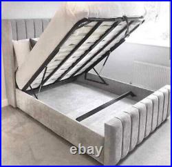 Silver Plush Velvet Panel Wing Bed Frame with Ottoman Gaslift Storage + Mattress