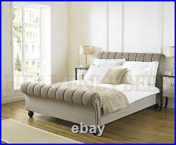 Sleigh Scroll Upholstered Bed Frame Chenille Velvet Fabric 4'6 Double Super King