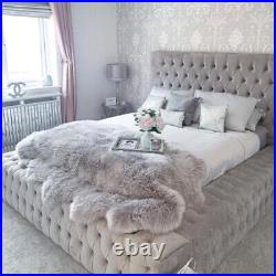 Soft Plush Velvet Chesterfield Upholstered Fabric Bed Frame with Headboard