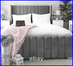 Stylish Winged Plush Velvet Bed Frame Double King Grey Panel Upholstered Fabric