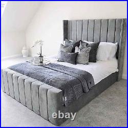 Timber Plush Velvet Upholstered Lift up Storage Winged Panel Double Ottoman Bed