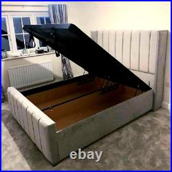 Timber Plush Velvet Upholstered Lift up Storage Winged Panel Double Ottoman Bed