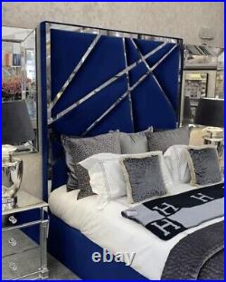 Upholstered 54 Mirrored Plush Velvet Blue Headboard Double Bed Frame Storage