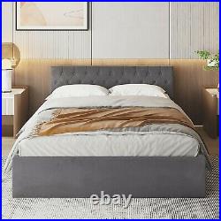Upholstered Bed Double Bed Frame 4FT6 Grey Velvet Plush Fabric Gas Lift up