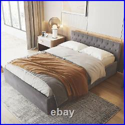 Upholstered Bed Double Ottoman Bed Frame 4FT6 Grey Velvet Plush Fabric
