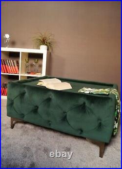 Upholstered Footstool Coffee Table Plush Green Velvet Fabric