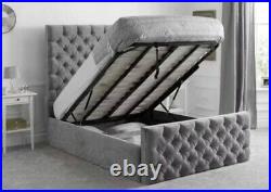 Upholstered Plush/Crush Velvet Fabric Sleigh Bed Frame Ottoman Storage Assembled