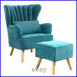 Upholstered Plush Velvet Armchair Single Sofa Oyster Wingback Chair withFootstool